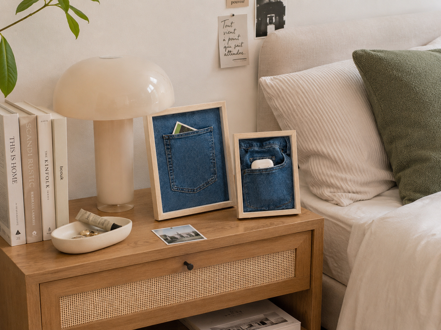 SIRCOA denim pocket frames on a bedside table