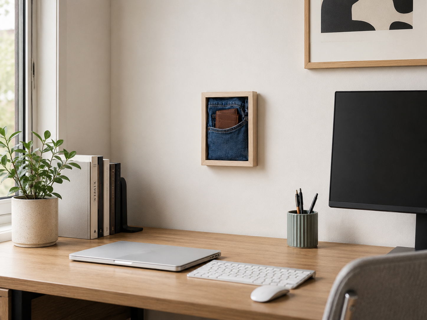 SIRCOA denim pocket frame mounted on a workspace wall